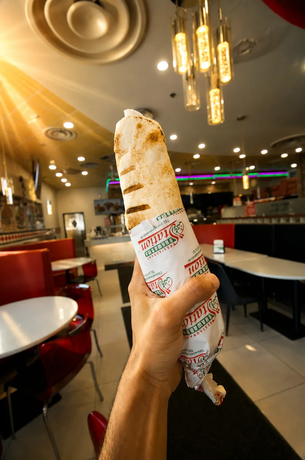 A wrapped Shawarma Station shawarma held up in the dining room